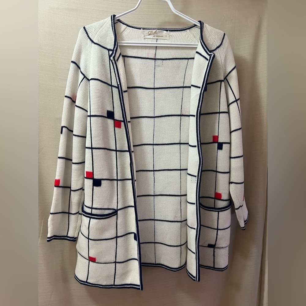 Vintage Lilly of California Windowpane Knit Cardigan Sweater Medium Grid Knit